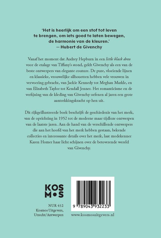 Boek met de titel 'Little Book of Givenchy' en een quote van Hubert de Givenchy. Achterkant met ISBN.