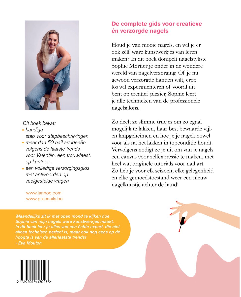 Vrouw met blond haar zit op krukje, lachend. Ze draagt een witte top en spijkerbroek. Rechtsboven tekst over het boek.