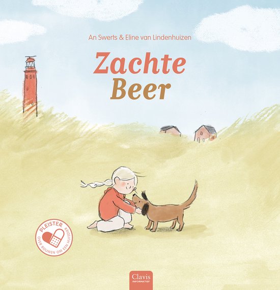Boekcover "Zachte Beer": meisje speelt met hondje in duinen bij vuurtoren. Tekst "Zachte Beer"