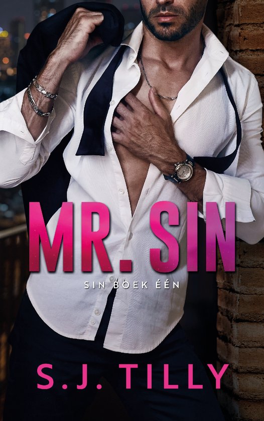 Boekomslag met man in wit overhemd, diep uitgesneden, met zwarte das om zijn nek. 'MR. SIN' staat in grote letters.