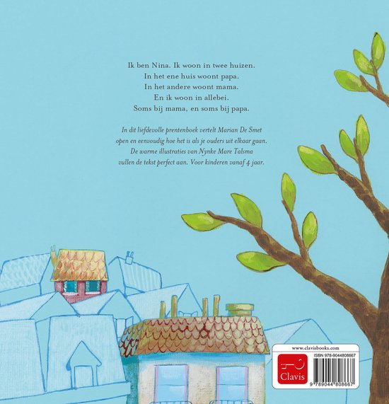 Illustratie van huizen en bomen met tekst. In de lucht de titel 'Ik woon in twee huizen'.