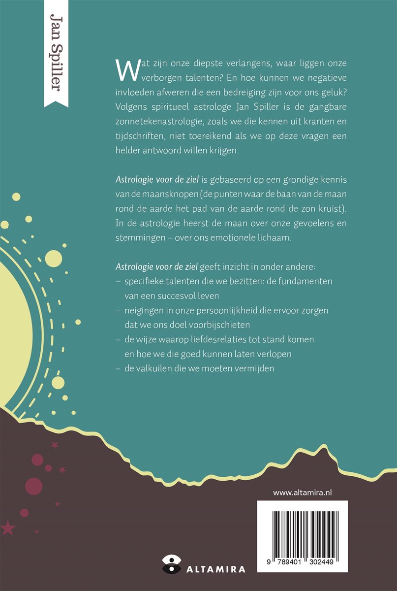 Achterkant van het boek 'Astrologie voor de ziel' met informatie en website.