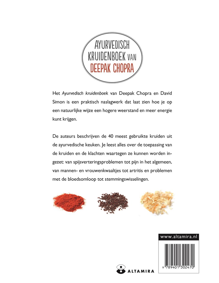 Achterkant van het Ayurvedisch kruidenboek van Deepak Chopra en David Simon.
