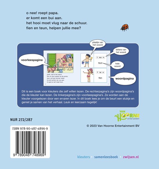 Boek 'Fien & Teun op de kar, teun!'. Voorpagina met kinderen en dieren. Pagina's met kinderen en tekst. ISBN.