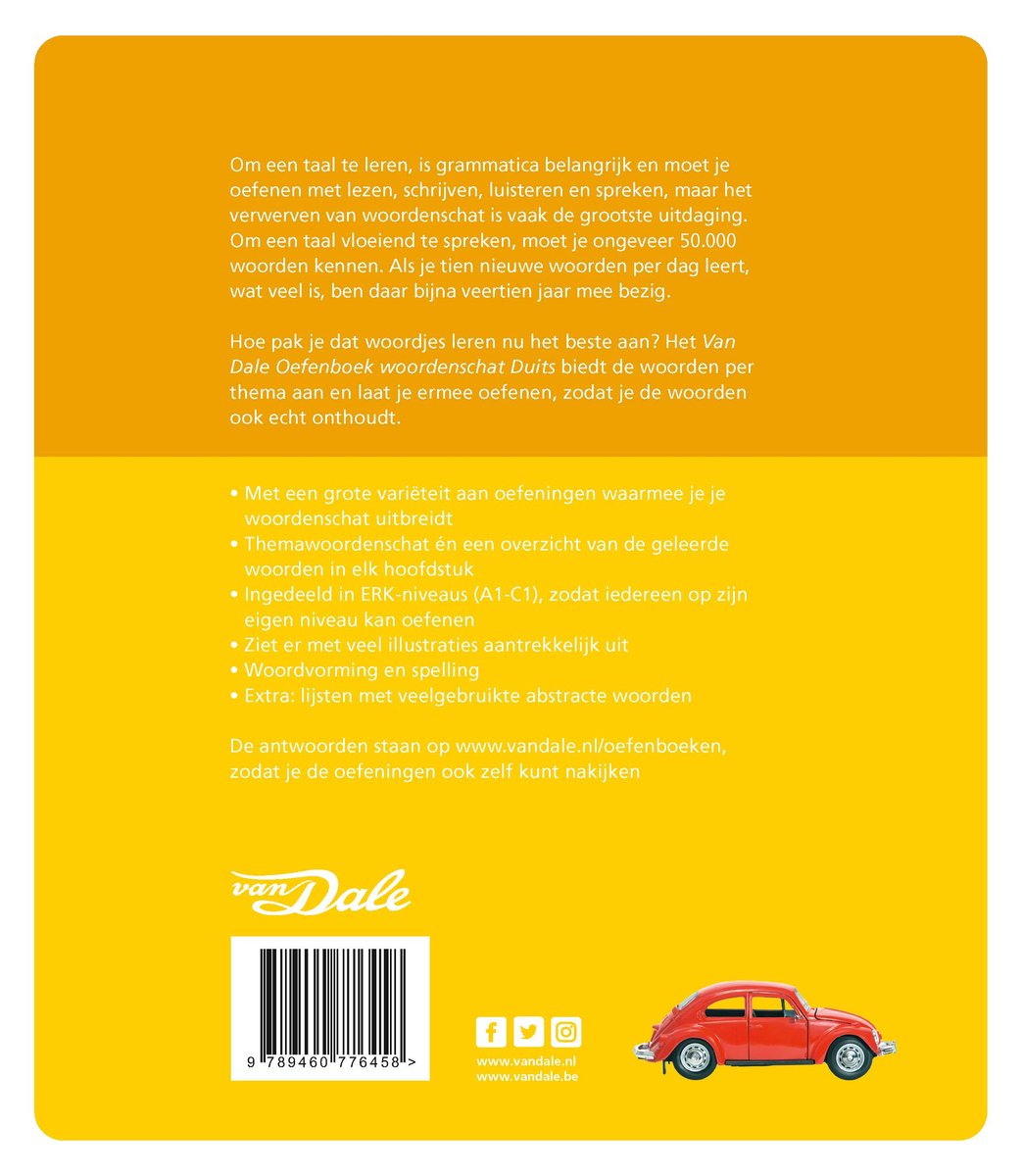 Van Dale Oefenboek, texte sur l'apprentissage du vocabulaire allemand, avec une Volkswagen Coccinelle rouge.