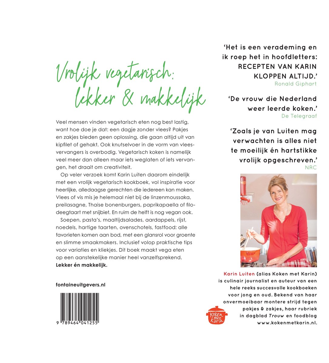 Achterkant boek 'Vrolijk vegetarisch, lekker & makkelijk' met foto van auteur Karin Luiten.