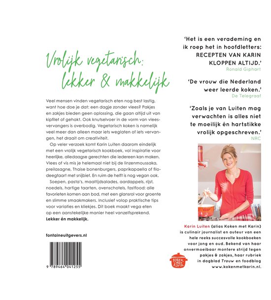 Achterkant boek 'Vrolijk vegetarisch, lekker & makkelijk' met foto van auteur Karin Luiten.