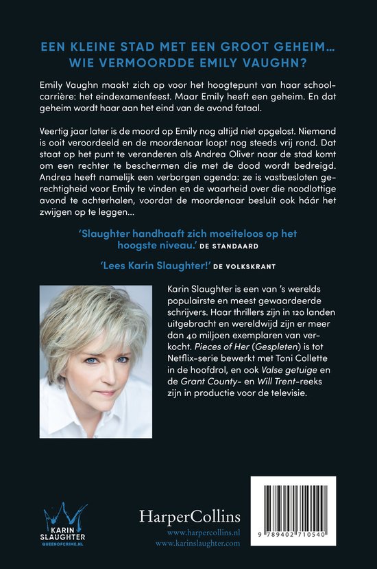 Portret van Karin Slaughter, auteur met blond haar, blauwe ogen en een grijze blazer.