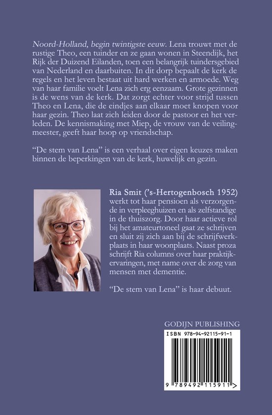 Achterkant van het boek met foto van auteur Ria Smit en de tekst 'De stem van Lena'.