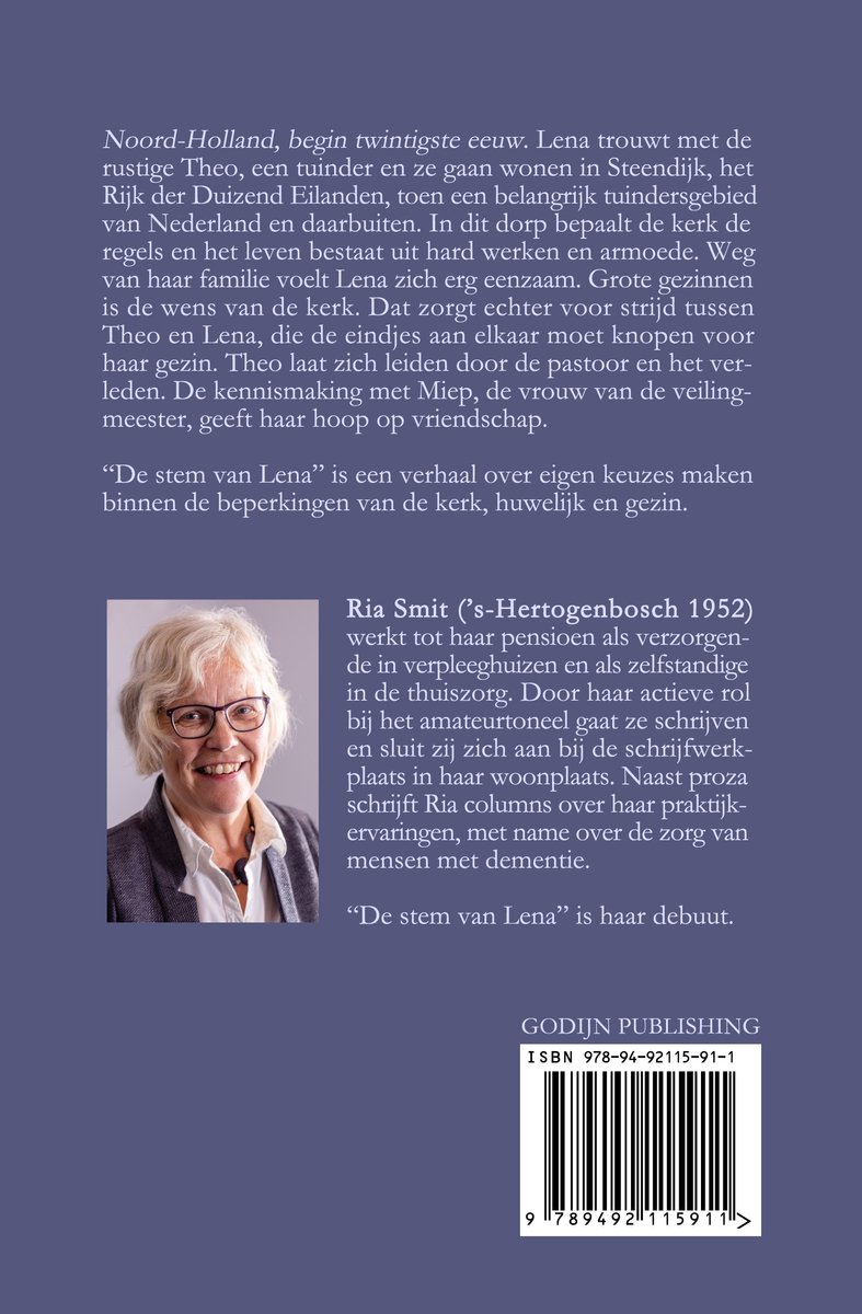 Achterkant van het boek met foto van auteur Ria Smit en de tekst 'De stem van Lena'.