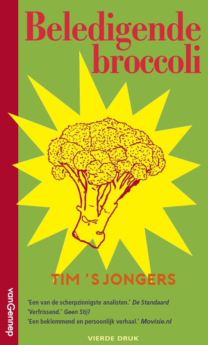 Boek kaft met rode tekst 'Beledigende broccoli' en een gele ster met broccolischets.