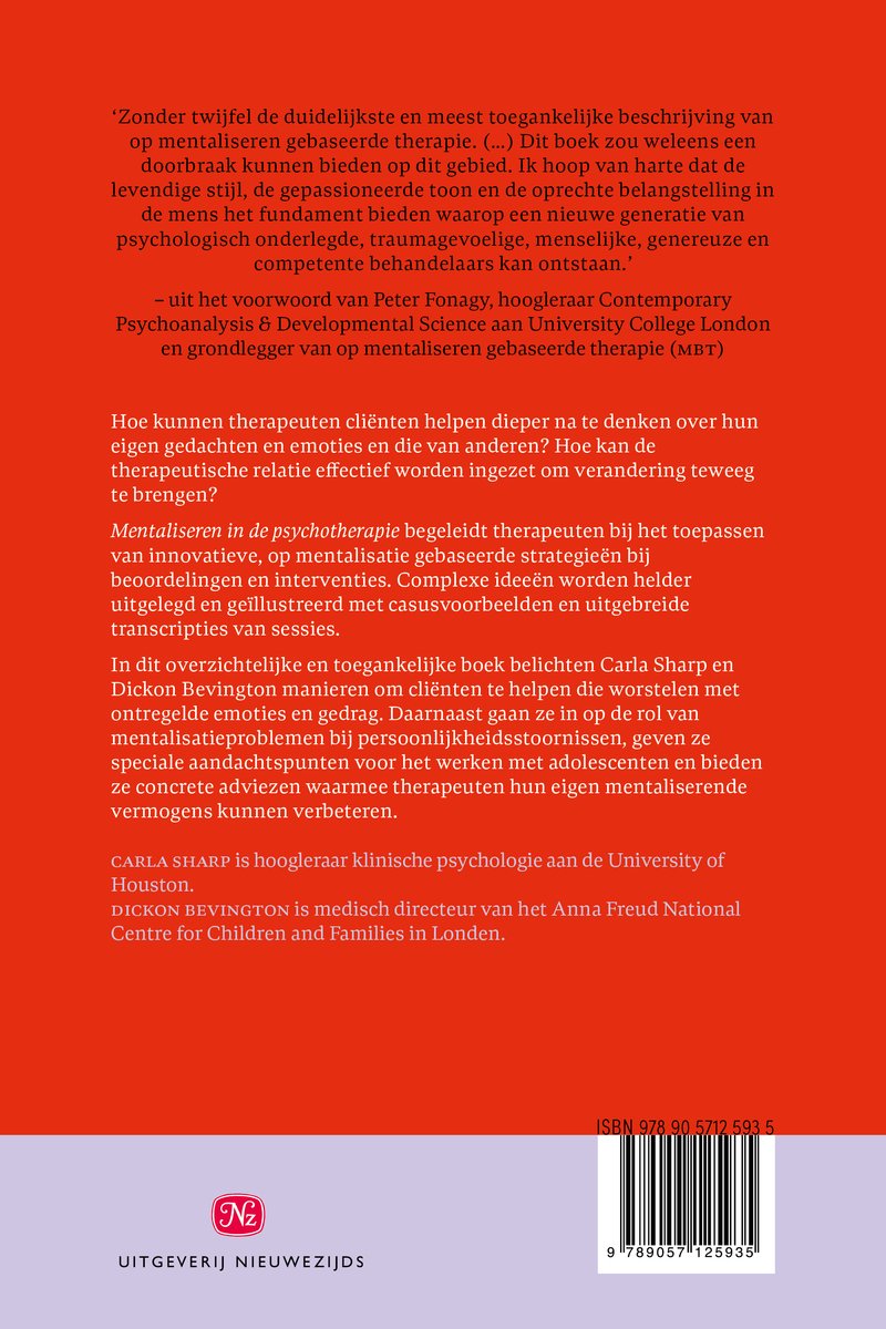 Boekomslag met tekst over mentaliseren in de psychotherapie. ISBN 978 90 5712 593 5.