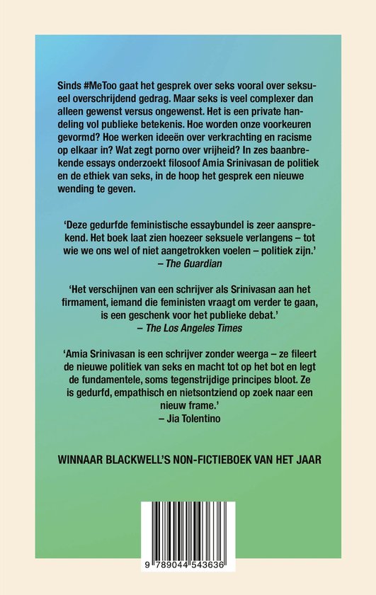 Achterkant van het boek "Het recht op seks" met tekst van recensies en de vermelding "Winnaar Blackwell's Non-Fictieboek van het Jaar".