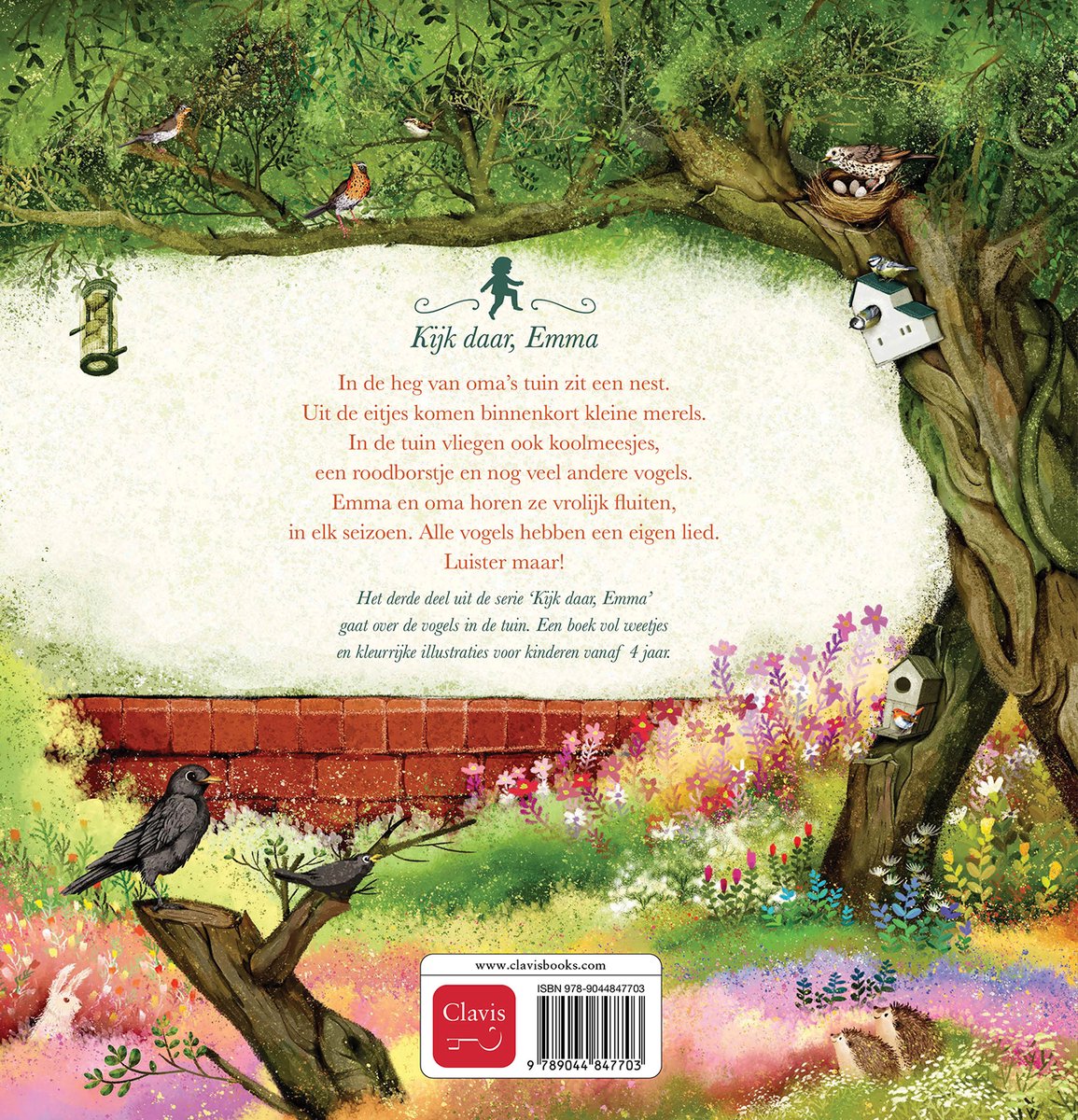 Achterkant van een kinderboek met vogels en een vogelnest in een boom. Tekst 'Kijk daar, Emma'.