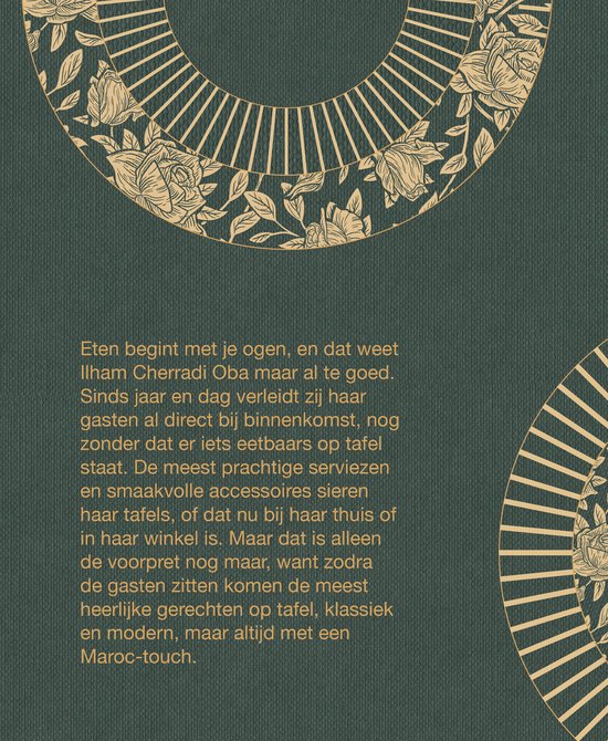 Decoratieve ronde patronen met rozen en bladeren op een donkergroene achtergrond. Tekst in het Nederlands.
