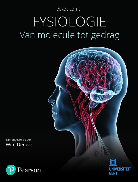 Derde editie Fysiologie: Van molecule tot gedrag. Abstracte afbeelding van een menselijk hoofd met een zichtbaar brein en bloedvaten. Pearson en Universiteit Gent logo's.