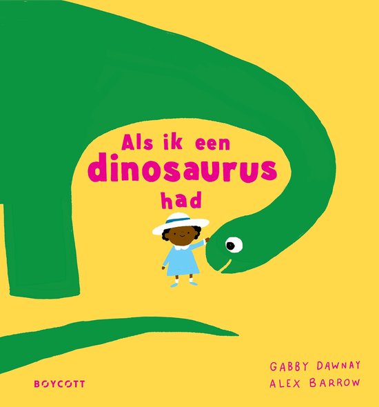 Un dinosaure vert se penche vers une petite fille portant un chapeau blanc et une robe bleue sur fond jaune.