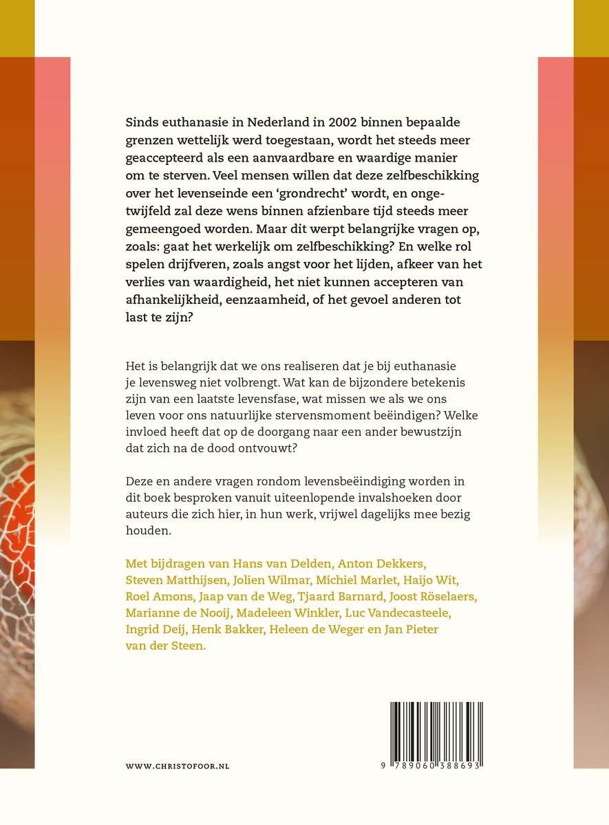 Achterkant van een boek met informatie over euthanasie en een lijst met auteurs.