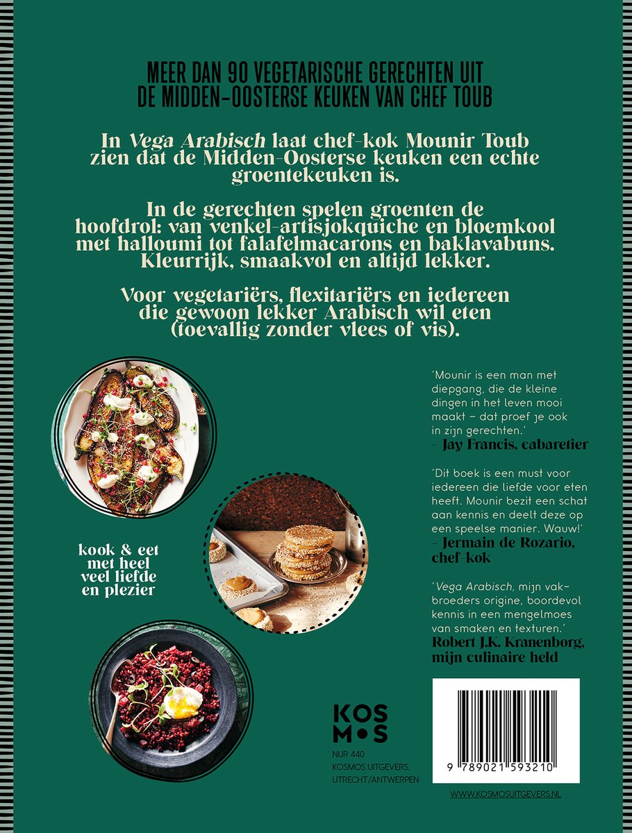 Boek 'Meer dan 90 vegetarische gerechten uit de Midden-Oosterse keuken van Chef Toub' met afbeeldingen van gerechten.