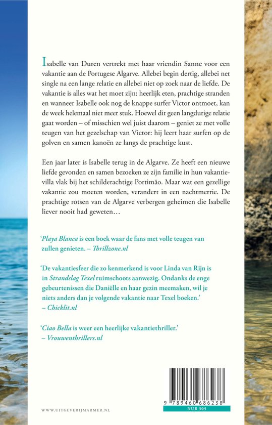 Achterkant van het boek 'Villa Algarve' met tekst en ISBN.