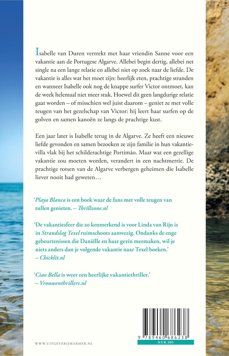 Achterkant van het boek 'Villa Algarve' met tekst en ISBN.