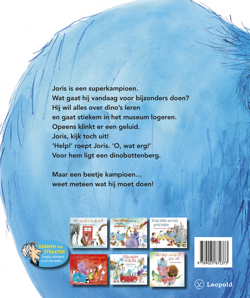 Achterkant van het boek 'Joris puzzelt een dino'. Blauw monster met tekst, kleine boekjes en barcode.
