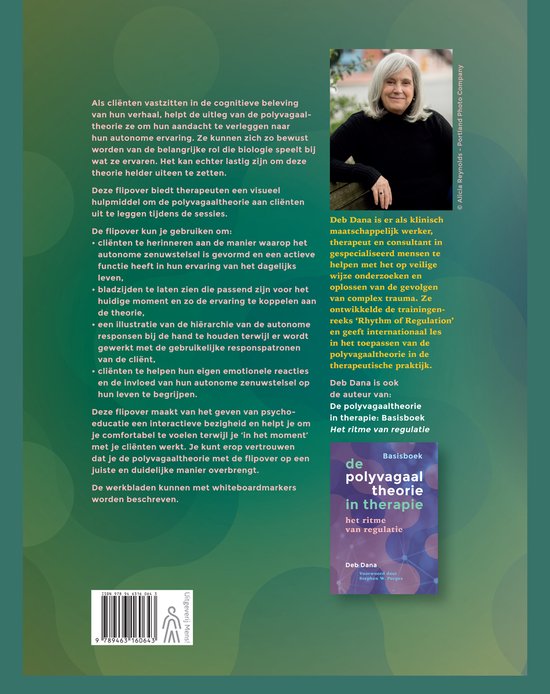 Achterkant van het boek 'De polyvagaal theorie in therapie - het ritme van regulatie' door Deb Dana. Met een portretfoto van de auteur.