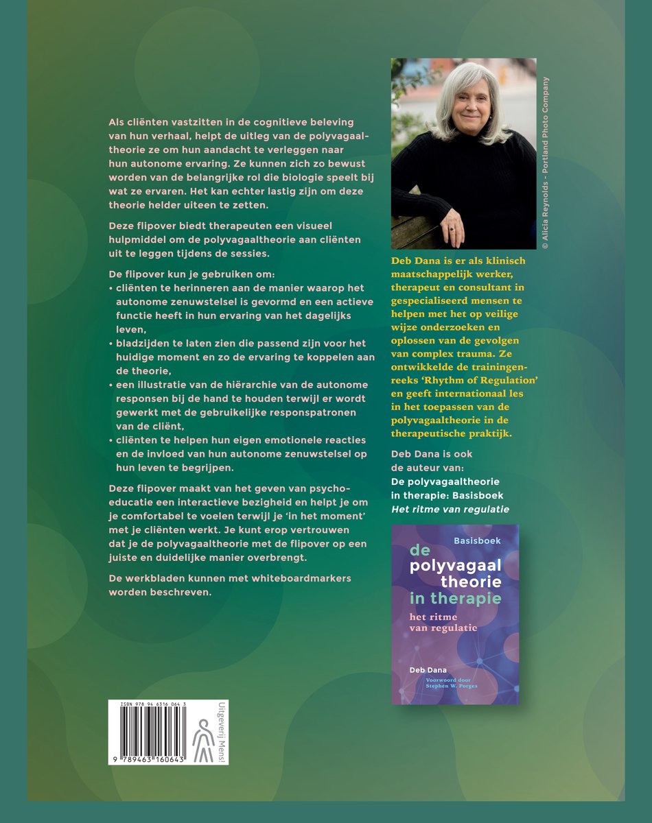 Achterkant van het boek 'De polyvagaal theorie in therapie - het ritme van regulatie' door Deb Dana. Met een portretfoto van de auteur.