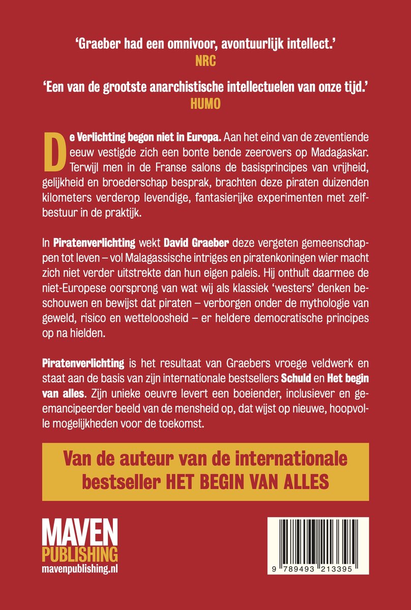 Boekomslag Piratenverlichting met quote "Graeber had een omnivoor, avontuurlijk intellect."