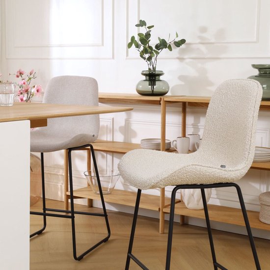 Nolon Nino-Fé Tabouret de Bar Bouclé Beige - Tissu - Piètement Zwart - 75 cm - Tabouret de Bar avec Dossier