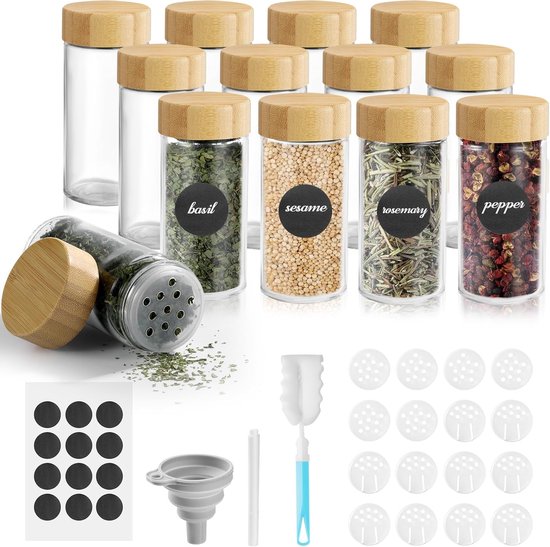 Relaxdays kruidenpotjes set van 12, strooinzet, kruidenstrooiers glas, met etiketten, pen & trechter, transparant/zwart