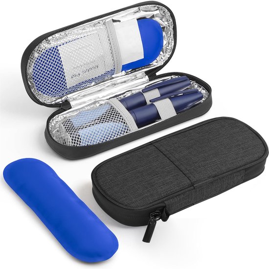 Rainbecom - Insuline Koeltas - Diabetes Koeltas – 19.5x8.5x3cm - Diabetische Reistas - Insuline Etui - Insulinepennen - Medische Koeltas voor Insulinespuit - Travel Case met 2 Ice Pack voor Insuline Pen - Draagbare - Zwart