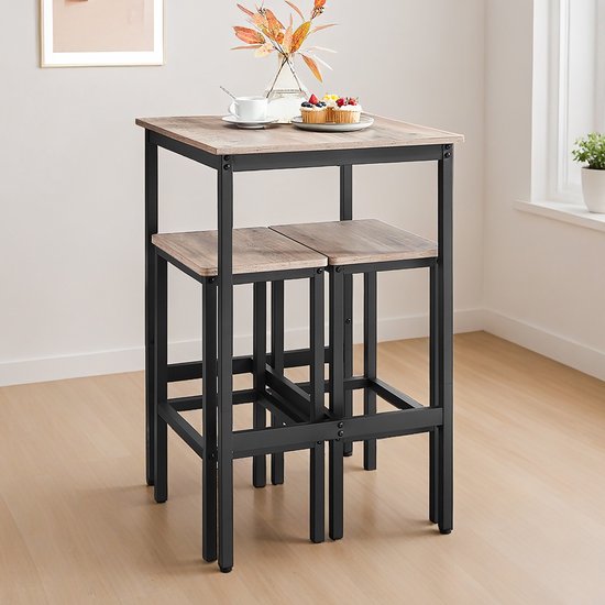 VASAGLE - Bartafel Met 2 Barkrukken - Barset - Vierkante Bartafel Hout Met Metaal Beige Grijs Met Zwart