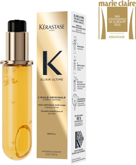 Kérastase Elixir Ultime recharge d'huile à l'huile de camélia. Huile dorée dans un flacon transparent avec un bouchon doré.