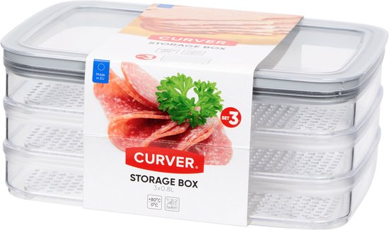 Curver Meat Box - 3x - 0,8 L - 22,5 x 15,5 x 9 cm - Couvercle inclus - Boîte de rangement - Boîte de rangement - Garnitures - Plastique