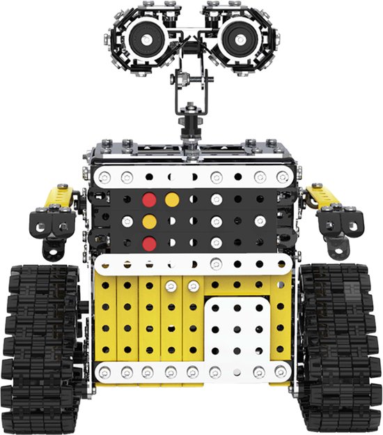 Frontale weergave van een metalen robot met gele platen, zwarte romp, rupsbanden en zilveren mechanische delen.