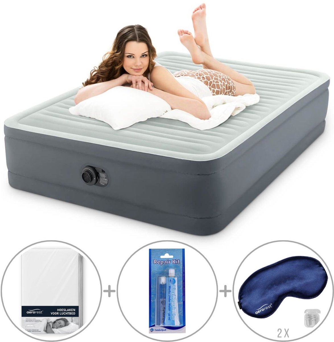 Intex PremAire I luchtbed | Tweepersoons | 152 x 203 x 46 cm | Inclusief bijpassend hoeslaken + reparatiekit + twee slaapmaskers