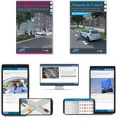 Covers van theorieboeken en apps voor rijbewijs B met afbeeldingen van een examenauto en verkeerssituaties.
