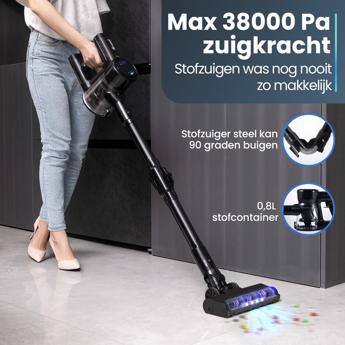 Steelstofzuiger G100 - 350W - Steelstofzuiger Draadloos - Stofzuiger Zonder Zak - 7-delige set met Buigbare Steel - 35kPa - Kruimeldief - Zwart - Saaf – foto 7