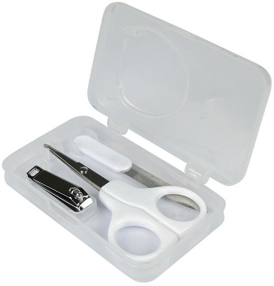 Benson Care Baby manicure set - 3x stuks - nagelknipper/schaar - nagelvijl - wit - incl. etui - RVS