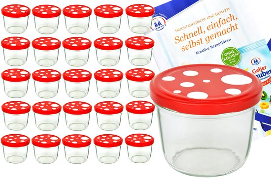 Set van 25 bekers 230 ml To 82 paddenstoeldeksel rood wit gestippeld incl. Diamant Gelierzauber receptenboekje