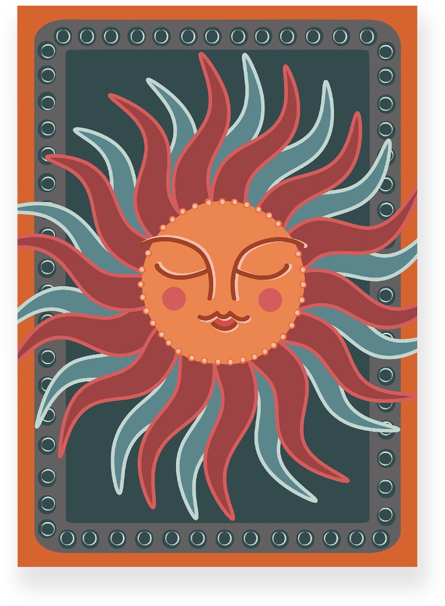 Yisual Poster 30x40 cm - Zon met gezicht - Oranje - Blauw - Boho - Spiritueel - Muurdecoratie - Wanddecoratie