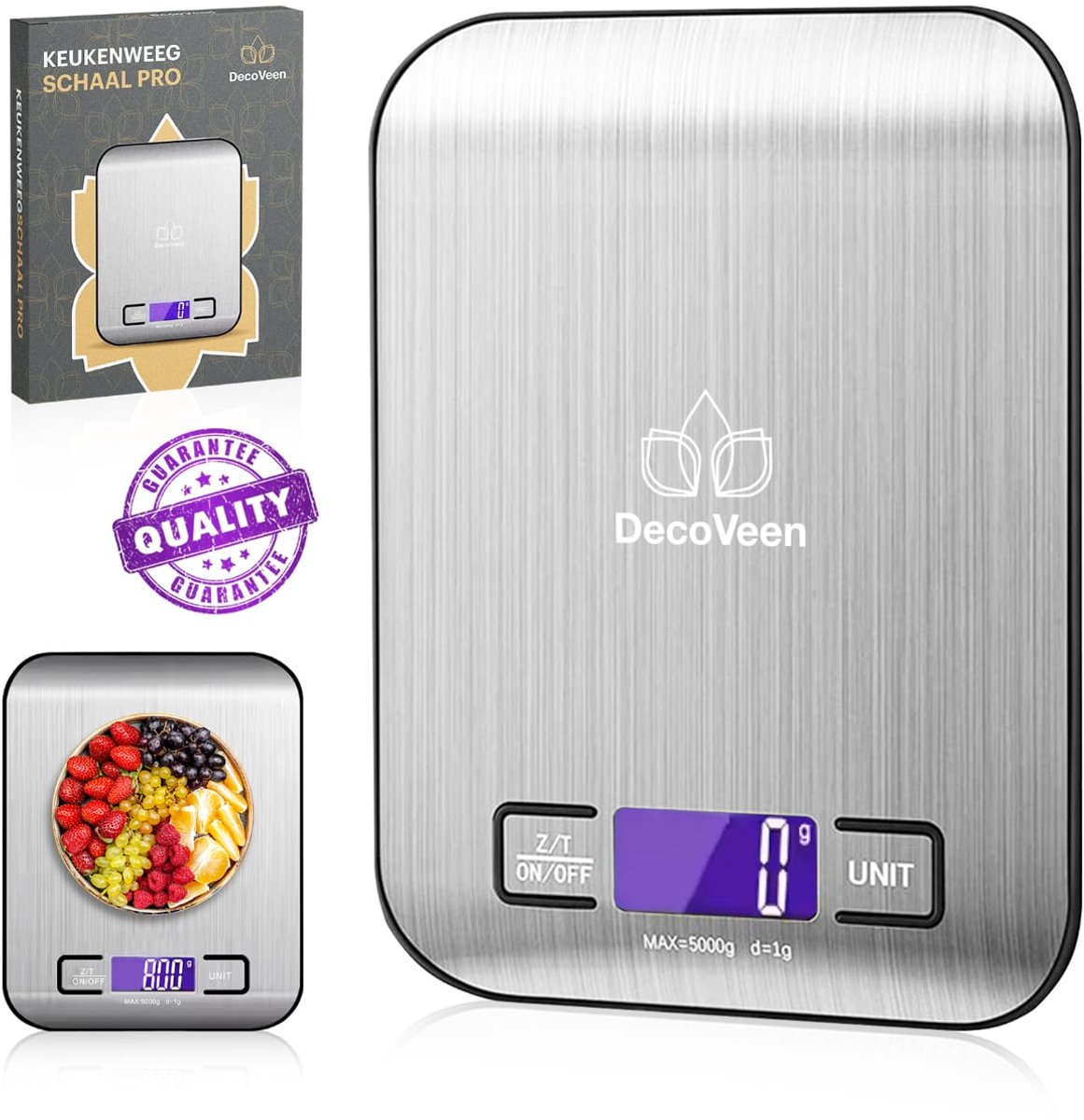 DecoVeen® Digitale Keukenweegschaal - 1G tot 5KG - USB-oplaadbaar - LCD-Scherm - Tarra functie - Zilver