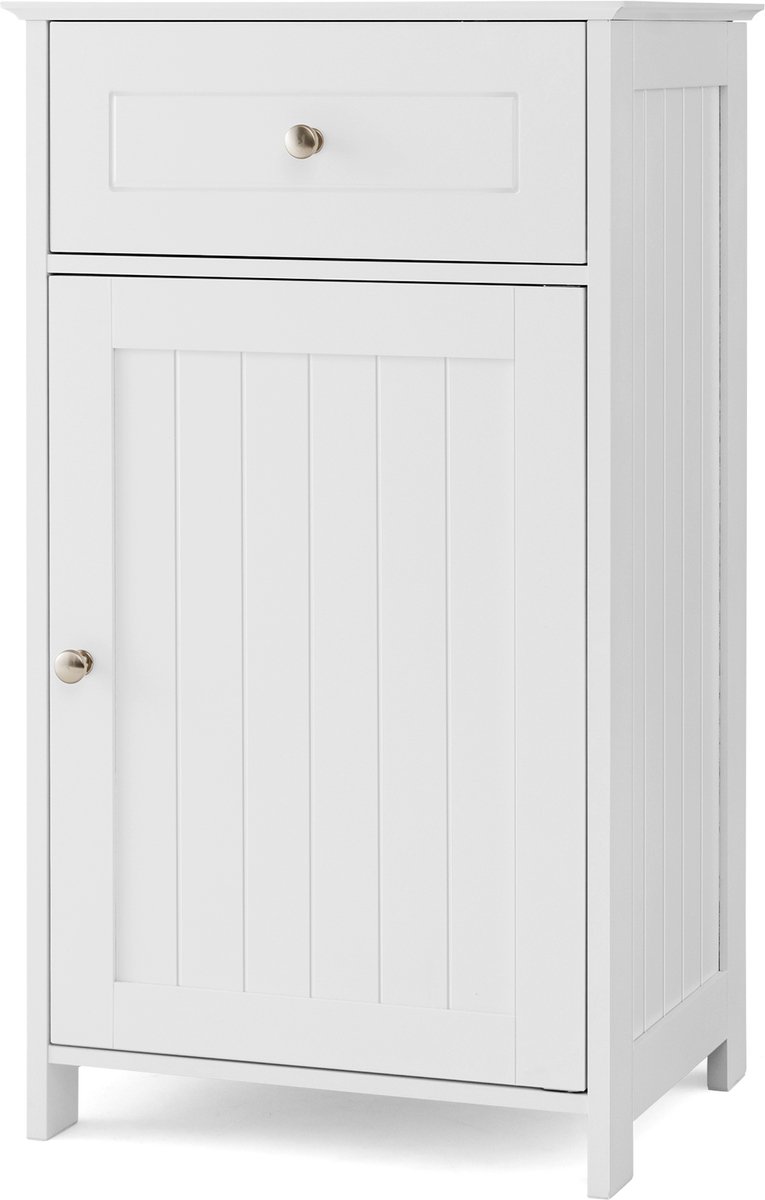 COSTWAY Badkamerkast, wit, smal met lade en deur, badkamercommode van hout met verstelbare plank, moderne opbergkast voor badkamer, woonkamer, keuken, 43 x 34 x 77 cm
