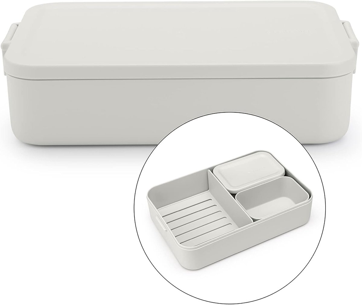 Famanu - Make & Take Bento Lunchbox, Groot, Uitneembare Vakjes voor Voedselscheiding, Deksel met Clips, Geschikt voor Diepvries, Vaatwasser- & Magnetronbestendig, Light Grey, 26 x 17 x 6 cm