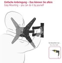 Illustratie: Montage van een uittrekbare tv-beugel met scharnieren. Tekst: Makkelijke montage - je kunt het zelf. Je hebt alleen nodig... boormachine.