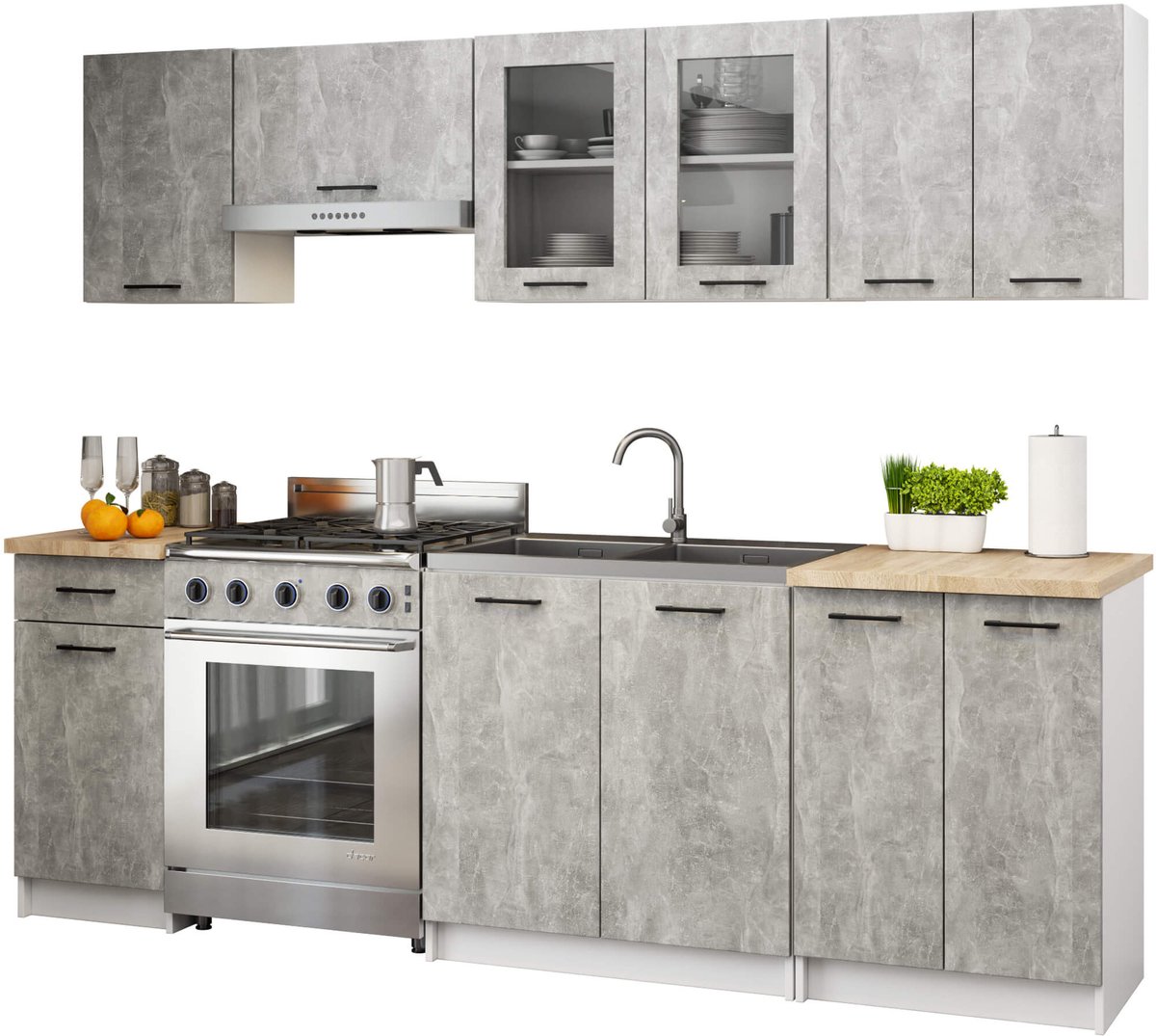 Complete Keuken, Keukenmeubelset OLIWIA met Verkblad 240 cm breed met Vitrinekast / Keukeneenheid zonder apparatuur / Beton Grijs / 240 x 203 x 46 cm