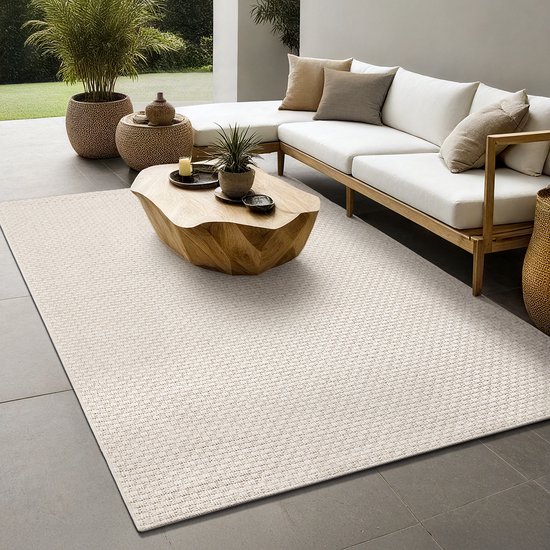 le tapis Tempa – Tapis d'extérieur résistant au style Boho& Vintage, résistant aux intempéries, aux UV et facile d'entretien, idéal pour balcon, terrasse, jardin et salon, Beige, 140 x 200 cm
