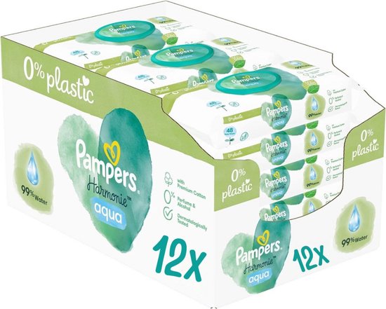 Lingettes bébé Pampers Harmonie Aqua - 576 lingettes - 12 x 48 lingettes - 0% plastique