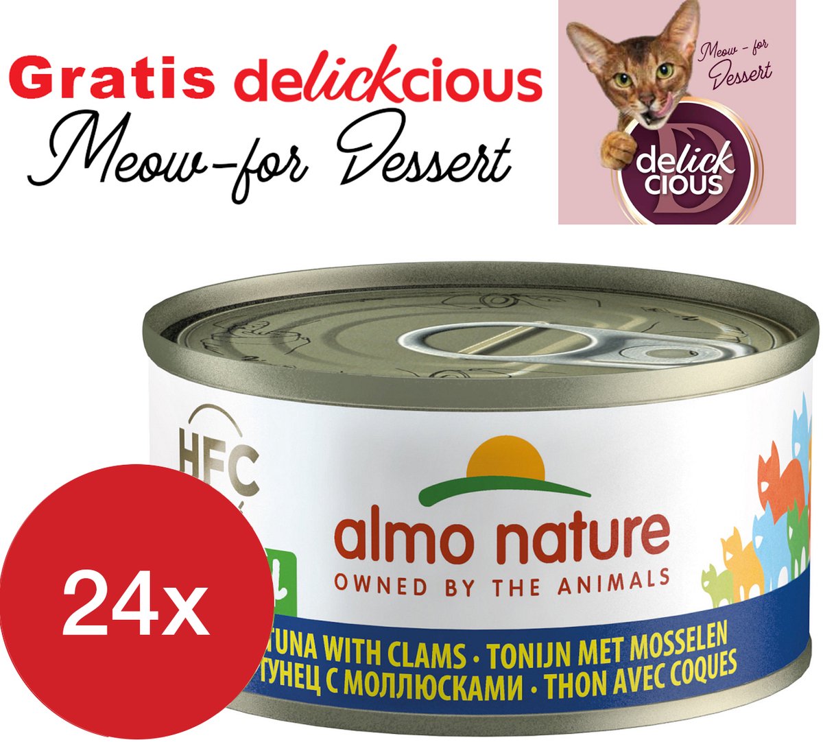 Almo Nature Almo Nature tonijn met mosselen 24 x 70 gram met GRATIS Delickcious dessert